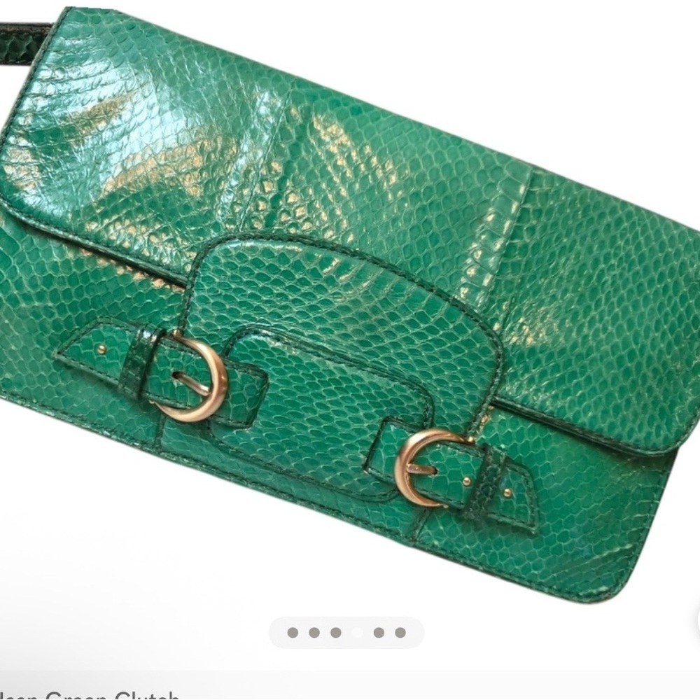 Cole Haan Emerald Green Snakeskin Embossed Leather Buckle Clutch - Picture 4 of 5